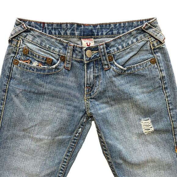 VTG TRUE RELIGION Low Rise Flared Leg Bobby Big T Distressed Jeans  Y2K  SZ 27P - Picture 3 of 10